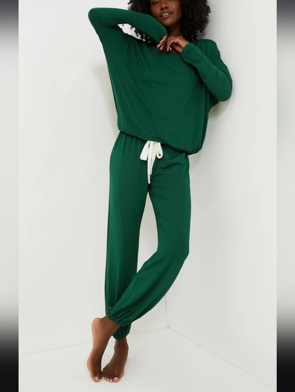 Eberjey Women's Forest Green Long-Sleeve Pajama Set with Cream Drawstring